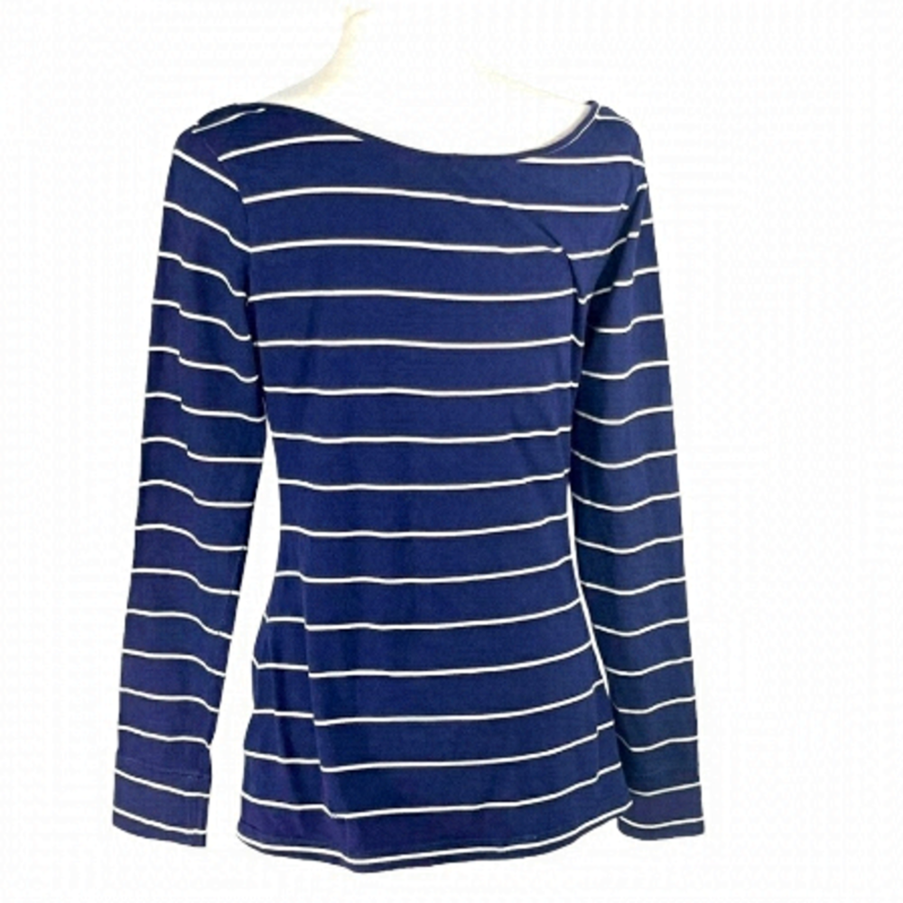 Lole Megan cowl neck top navy blue and white chalk striped organic cotton Size S